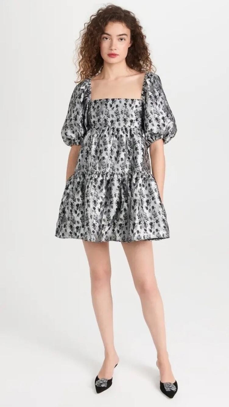 Amanda Uprichard Babydoll Dress Small Silver Brocade Puff Sleeves Prom Coquette